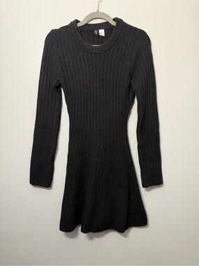 Divided Black Ribbed Knit Long-Sleeve Fit-and-Flare Dress